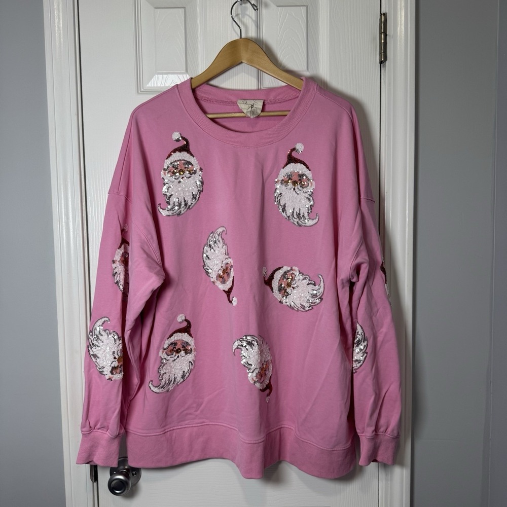 Fantastic Fawn Santa Claus Sequin Sweatshirt Large Pink Christmas Glitz Glam